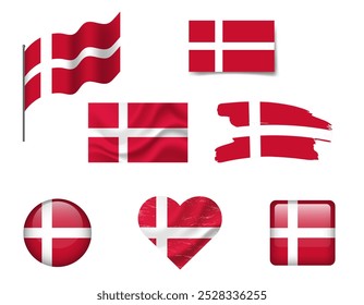 Denmark flag - set of icons. Vector flag of Denmark, symbol. Set of Denmark flags brush, button, waved, heart.