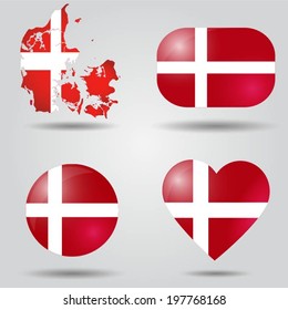 Denmark flag set in map, oval, circular and heart shape.