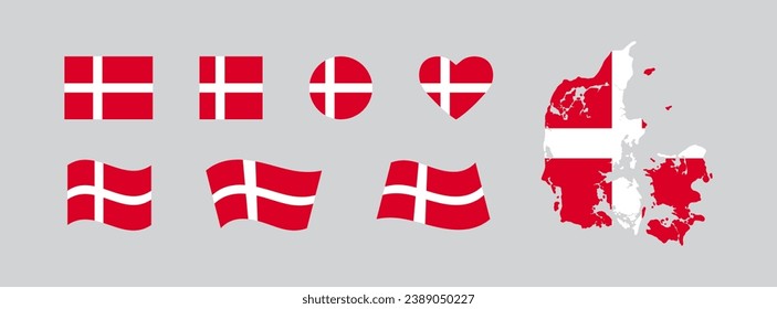 Denmark flag set and map. Silhouette and national emblems of a European country. Isolated vector