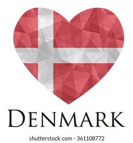 Denmark flag shape heart in geometric rumpled triangular low poly origami style graphic illustration,mosaic polygonal style.Symbol of love to country.Retro or vintage style background.
