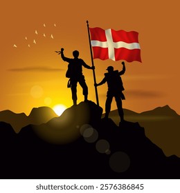 Denmark flag, silhouette of two climbers holding flags at sunset