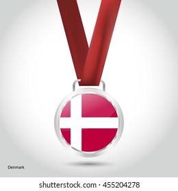 Denmark Flag in Silver Medal. Vector Illustration. RIO Olympic Game silver Medal. Vector Illustration