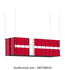 Denmark flag symbol on cargo containers hang by chain, the concept import and export business of country.