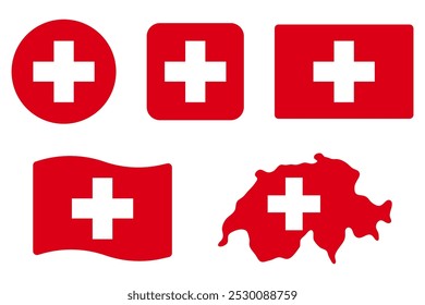 Denmark flag symbols set. White cross on red background . Round, square, waving rectangle and Danish map shape vector banner. Copenhagen symbol. Scandinavia icon.