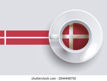 Denmark flag with a tasty coffee cup on top view and a gradient background. Hot beverage with Denmark flag, vector illustration. 
