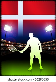 Denmark Flag and Tennis Player on Stadium Background Original Illustration