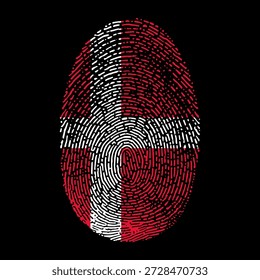 Ilustración vectorial de la bandera de Dinamarca en forma de huella dactilar. Bandera nacional danesa como símbolo de patriotismo, identidad y orgullo sobre fondo negro.