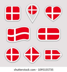 Denmark flag vector set. Collection of danish national flags stickers. 3d Isolated icons. Traditional colors. Illustration. Web, sports pages, patriotic, travel, geographic, school design elements