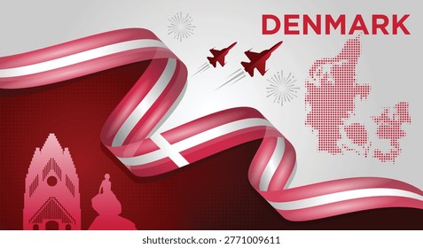 Denmark Flag Wave Background with Map and Ribbon Style Vector Illustration