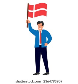 Denmark flag waving man.Joyful guy hand holding Denmark flag.Character cartoon vector flat illustration. Isolated on white background.Patriot danish citizen.