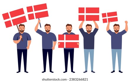 Denmark flag waving man.Joyful guy hand holding Denmark flag.Character cartoon vector flat illustration. Isolated on white background.Patriot danish citizen.