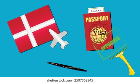 Denmark flag with white plane icon. Passport with visa approved stamp. Black stylish Pen. Danish Travel poster. Editable vector EPS available