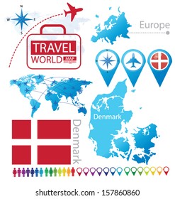 Denmark. flag. World Map. Travel vector Illustration.
