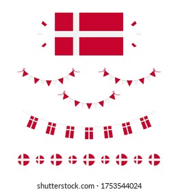 Denmark flags, borders, garlands set, collection for Flag Day and other danish national holidays.