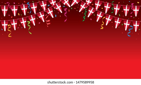 Denmark flags garland white background with confetti, Hang bunting for Danish national Day celebration template banner, Vector illustration