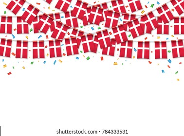 Denmark flags garland white background with confetti, Hang bunting for Danish national Day celebration template banner, Vector illustration