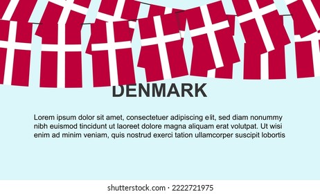 Denmark flags hanging on a rope, celebration and greeting concept, many Denmark flags with text space, banner and poster idea, decoration material, independence day