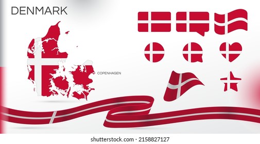 Denmark flags set. Various designs. Map and capital city. World flags. Vector set. Circle icon. Template for independence day. Collection of national symbols. Ribbon with colors of flag. Copenhagen