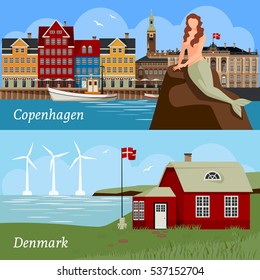 Denmark flat style compositions with buildings national flag sea and wind turbines famous mermaid isolated vector illustration