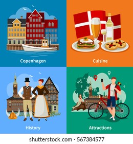 Denmark flat style concept with copenhagen traditional cuisine history and national clothing attractions isolated vector illustration