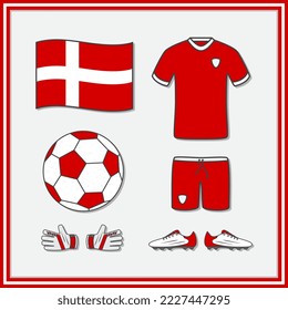 Denmark Football Cartoon Vector Illustration. Football Jersey And Football Ball Flat Icon Outline