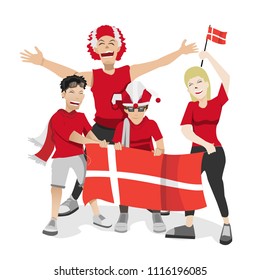 Denmark football fans. Cheerful soccer fans, supporters crowd and Denmark flag.