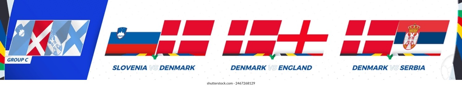 Denmark football team games in group C of International football tournament. Sport vector icon set.