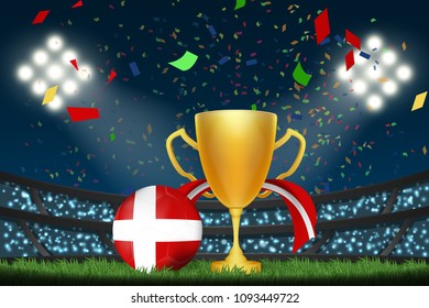 Denmark football with trophy cup and flag among crowd audience in soccer stadium in vector illustration. concept for football result template use in web or mobile phone application