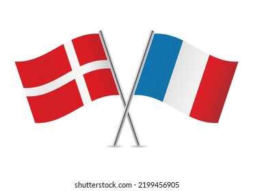 Denmark and France crossed flags. Danish and French flags on white background. Vector icon set. Vector illustration.