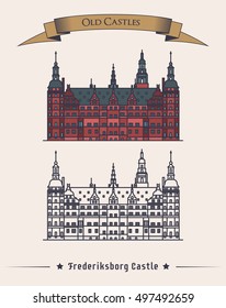 Denmark Frederiksborg old medieval castle. Danish or scandinavia Museum of national history building architecture facade view with text on ribbon. May be used for history or stronghold theme