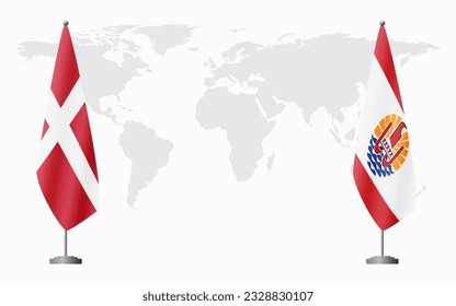 Denmark and French Polynesia flags for official meeting against background of world map.