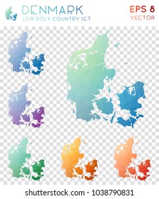 Denmark geometric polygonal, mosaic style country maps collection. Exquisite low poly style, modern design for infographics or presentation.