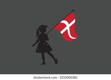 Denmark girl with flag, Flag of Denmark national country symbol illustration Vector, Rectangle Denmark flag illustration, Flat vector illustration
