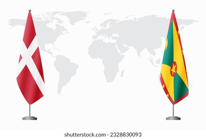 Denmark and Grenada flags for official meeting against background of world map.