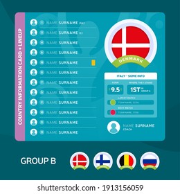 Denmark group B Football 2020 tournament final stage vector illustration. Country team lineup table with place for information. 2020 soccer tournamet Vector country flags.