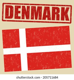 Denmark grunge flag on vintage background and Denmark rubber stamp, vector illustration