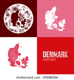Denmark Grunge Retro Map - Three silhouettes Denmark maps with different unique letterpress vector textures - Infographic and geography resource