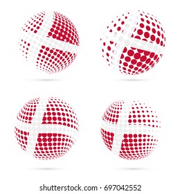 Denmark halftone flag set patriotic vector design. 3D halftone sphere in national flag colors isolated on white background.