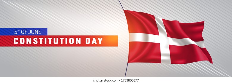 Denmark happy constitution day greeting card, banner vector illustration. Danish national holiday 5th of June design element with 3D waving flag on flagpole