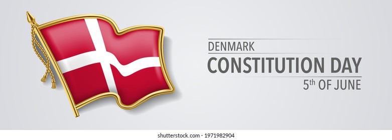 Denmark happy constitution day greeting card, banner with template text vector illustration. Danish memorial holiday 5th of June design element with 3D flag with cross in badge