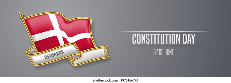 Denmark happy constitution day greeting card, banner vector illustration. Danish national holiday 5th of June design element with 3D pin with flag