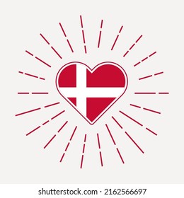 Denmark heart with flag of the country. Sunburst around Denmark heart sign. Vector illustration.