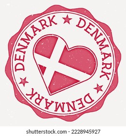 Denmark heart flag logo. Country name text around Denmark flag in a shape of heart. Neat vector illustration.