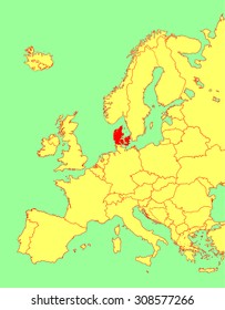 Denmark high detailed vector map, Europe. Vector map silhouette illustration isolated on Europe map. Editable blank vector map of Europe.

