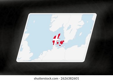 Denmark Highlighted in Flag Colors on Geographic Map. Modern Map on a dark abstract backdrop.