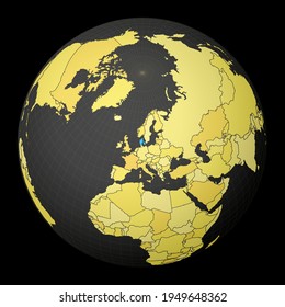 Denmark highlighted on a dark globe with a yellow world map. Satellite world projection centered on Denmark. Trendy vector illustration.