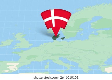 Dinamarca Destacado no Mapa da Europa com Ícone de Bandeira. Design detalhado do vetor.