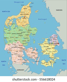 Denmark - Highly detailed editable political map with labeling.