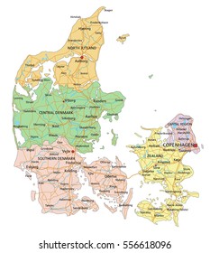 Denmark - Highly detailed editable political map with labeling.