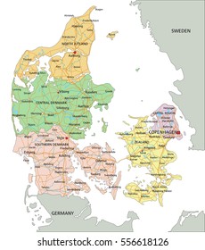 Denmark - Highly detailed editable political map with labeling.